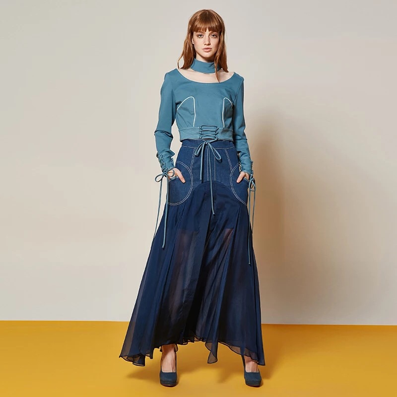 丹宁真丝拼接高腰大摆半裙