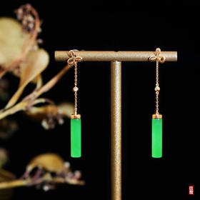 18K玫瑰金和田玉（碧玉）镶钻耳饰--亭亭玉立  /圆柱5*20mm/苹果绿