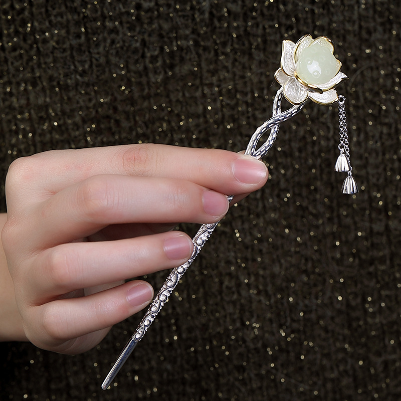 s925纯银和田玉莲花发簪(货号 g40071)