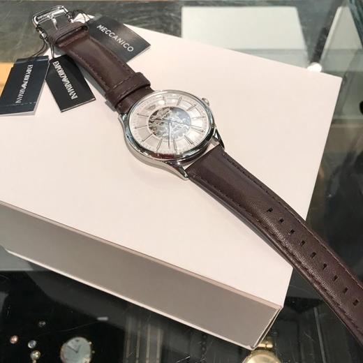 armani手表 男机械表ar1946棕色牛皮表带 白盘43mm银色壳 镂空