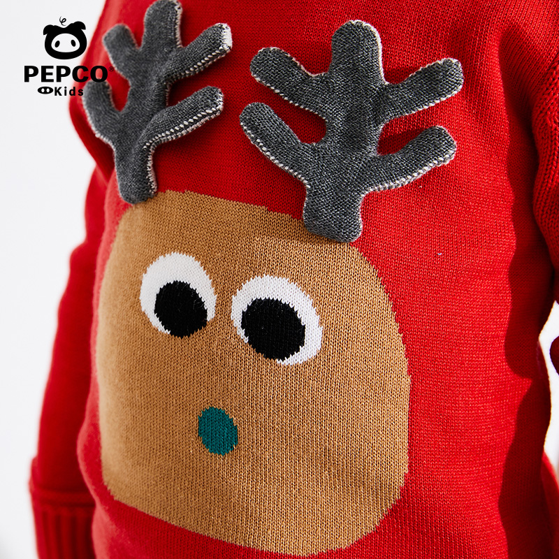 小猪班纳童装宝宝毛衣2019冬季新款儿童鹿头卡通针织衫休闲套头衫