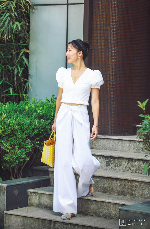 AtelierMissLu / Malina-白色打结装饰阔腿裤 商品图2