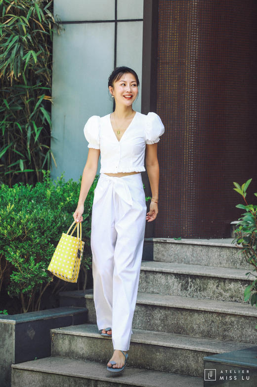 AtelierMissLu / Malina-白色打结装饰阔腿裤 商品图1