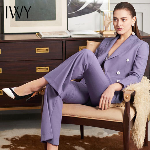 时尚紫色西装双排扣西服西裤套装春季欧美正装职业装ol女装cp9105