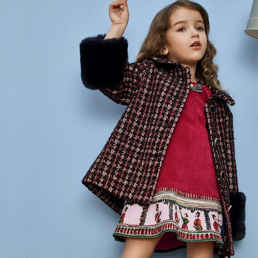 红色荷叶边印花复古丝绒连衣裙 商品图2