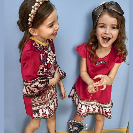 红色荷叶边印花复古丝绒连衣裙 商品图3