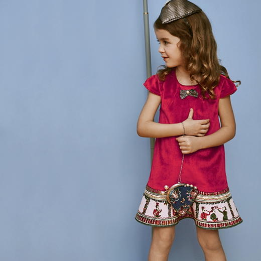 红色荷叶边印花复古丝绒连衣裙 商品图0