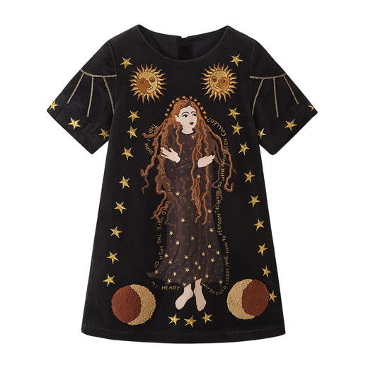 黑色印花刺绣复古丝绒连衣裙 商品图4