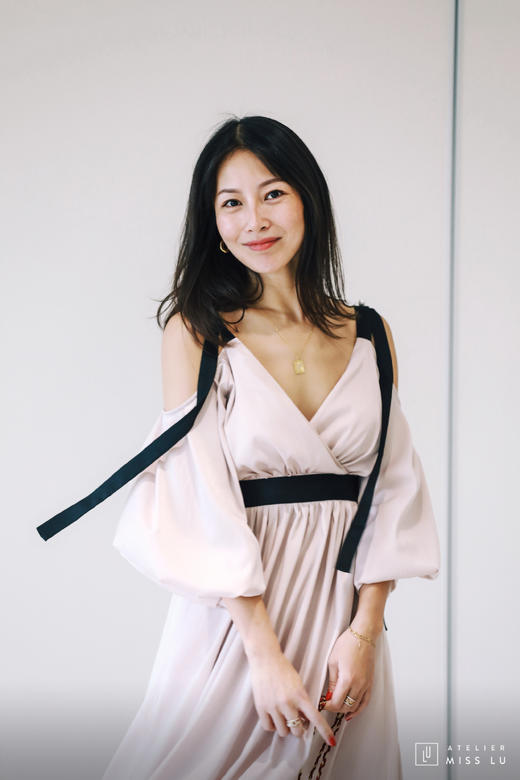 AtelierMissLu / Cintia-香槟粉飘带装饰连身裙 商品图8