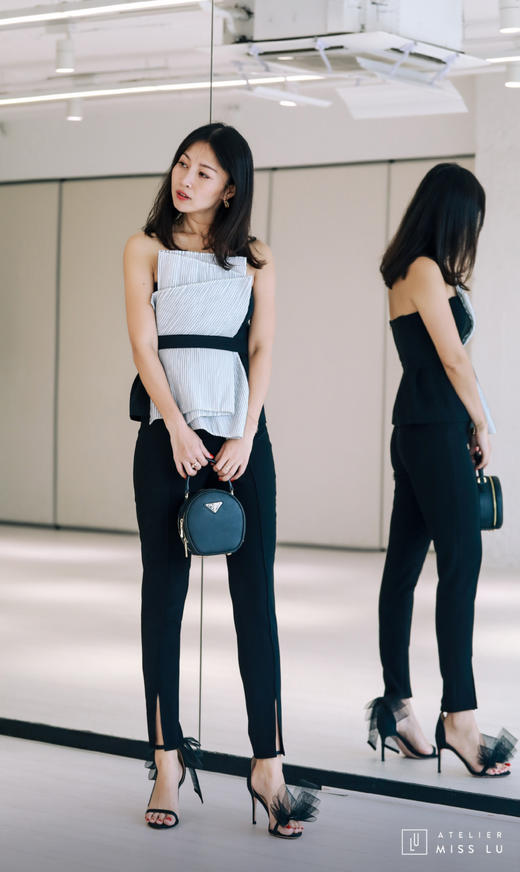 AtelierMissLu / Puri-黑色前开衩修身长裤 商品图6