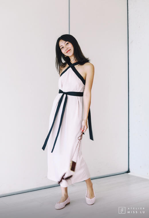 AtelierMissLu / Betzy-香槟粉交叉挂脖礼服裙 商品图6