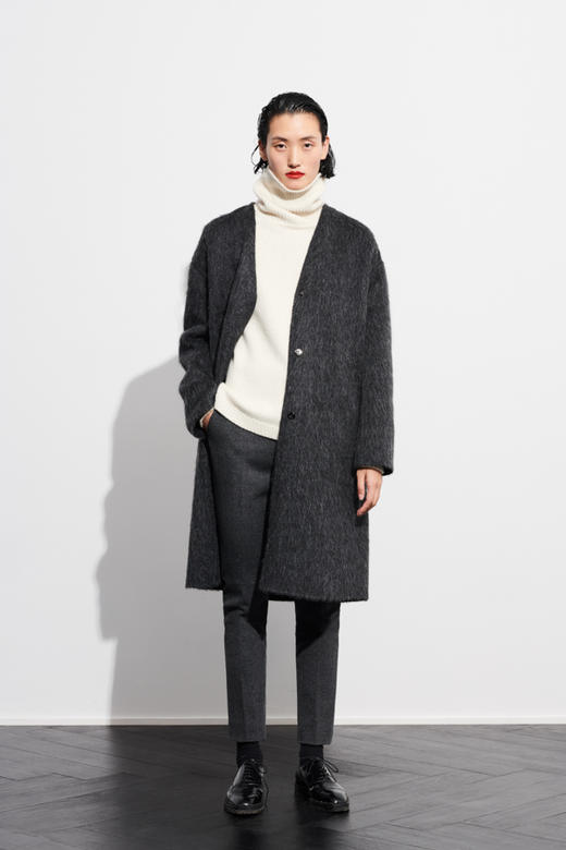 MS MIN 花灰V领双面羊毛羊驼毛混纺大衣 LEWC005001H 商品图0