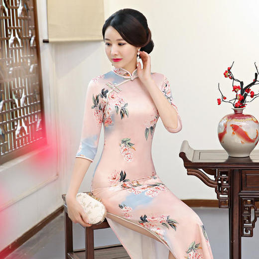 改良修身,双层丝绸旗袍za-粉小花 - 美衣聚品女装旗舰店