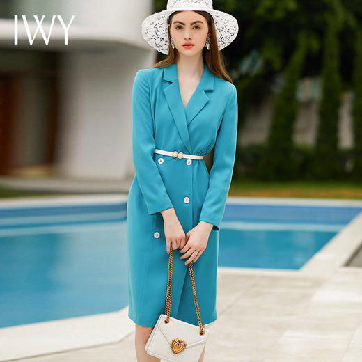 IWY/主持人同款秋冬新款青色长袖连衣裙NQ318 商品图1