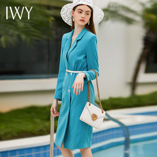 IWY/主持人同款秋冬新款青色长袖连衣裙NQ318 商品图3