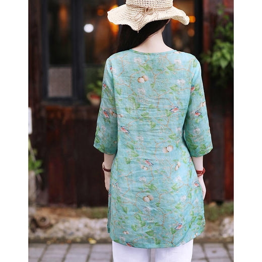 丁摩 新款旅行文艺苎麻印花五分袖中长上衣19-QL128DB299240531 商品图1