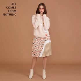 撞色印花压褶半裙