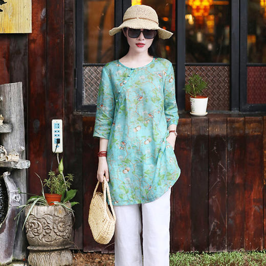 丁摩 新款旅行文艺苎麻印花五分袖中长上衣19-QL128DB299240531 商品图0