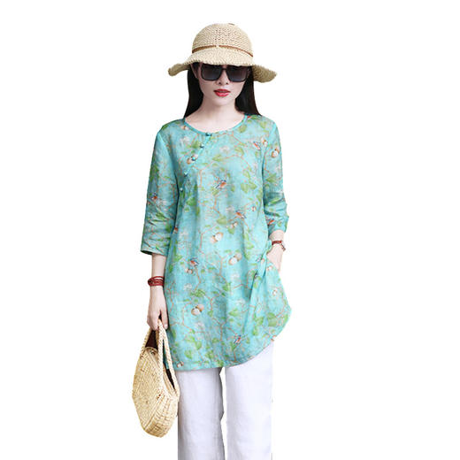 丁摩 新款旅行文艺苎麻印花五分袖中长上衣19-QL128DB299240531 商品图5