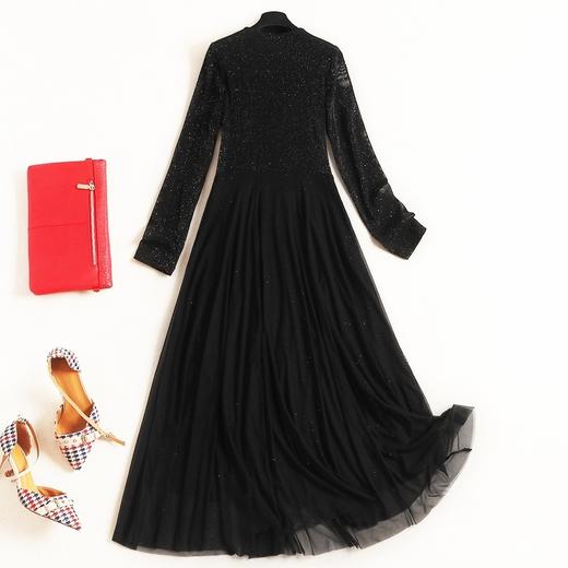 纯色连衣裙2019初秋拼接网纱中长裙v领大裙摆a字裙c5038