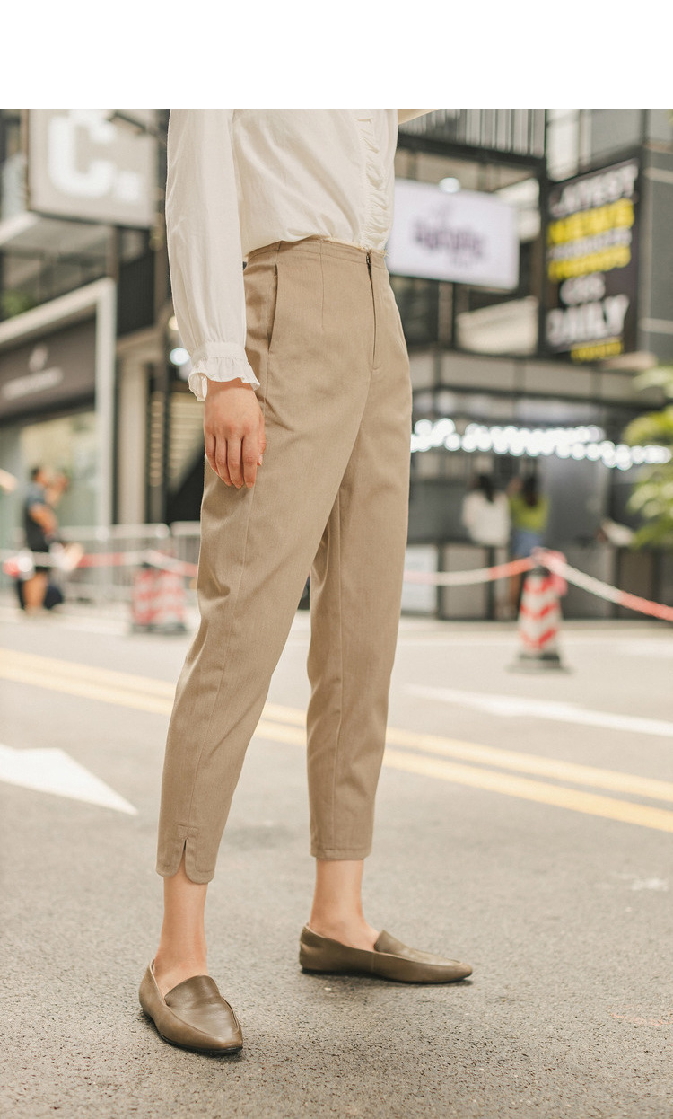 茵曼2019秋季新款时尚卡其色裤子女哈伦裤休闲裤女九分矮个子高腰