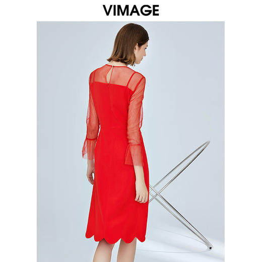 VIMAGE纬漫纪女装秋新品优雅网纱透视假两件复古礼服连衣裙V1277802 商品图3