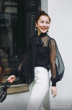 AtelierMissLu / Loulia-黑色拼纱蝴蝶结装饰衬衫上衣