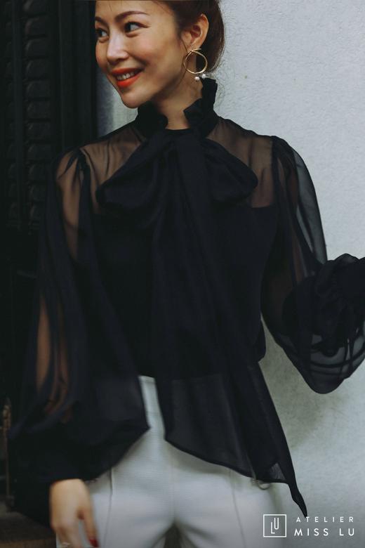 AtelierMissLu / Loulia-黑色拼纱蝴蝶结装饰衬衫上衣 商品图4