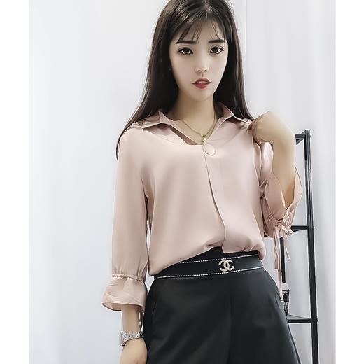 小米淘淘秋季新款纯色抽褶皱灯笼七分袖时尚翻领衬衫女8856