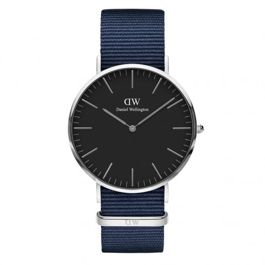 Daniel Wellington/DW丹尼尔?惠灵顿男式CLASSIC BLACK BAYSWATER黑色表盘40mm银色表壳蓝色尼龙表带水晶振荡石英表 防水手表 腕表 DW00100278