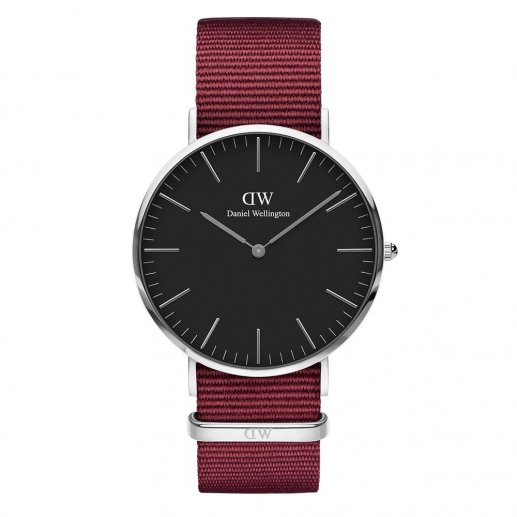 Daniel Wellington/DW丹尼尔?惠灵顿男式CLASSIC BLACK BAYSWATER黑色表盘40mm银色表壳红色尼龙表带水晶振荡石英表 防水手表 腕表 DW00100270