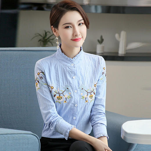2019新款木耳领上衣绣花白色职业立领长袖女衬衫yd165