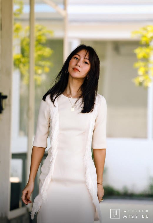 AtelierMissLu / Annet-珍珠白两侧流苏装饰连身裙 商品图1
