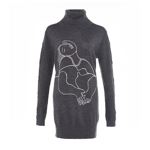 灰色高领人像羊毛针织长上衣 商品图4