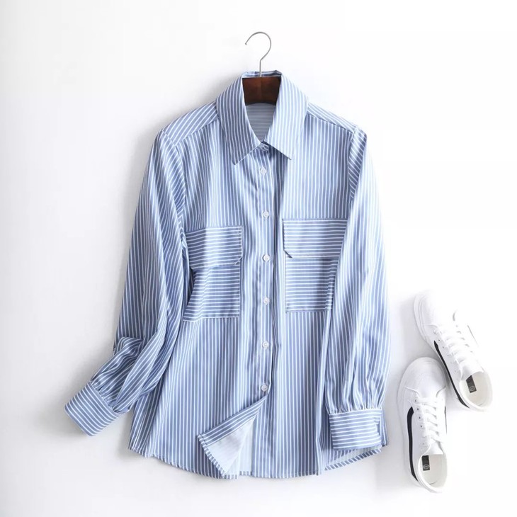 b093057女士秋季新款港风复古条纹衬衫长袖韩范宽松上衣 - 贝壳三
