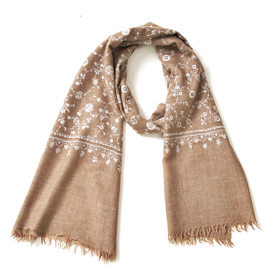 70cm宽 自然色 满绣 克什米尔pashmina羊绒围巾 - 1