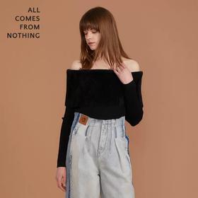 一字肩翻领羊毛衫