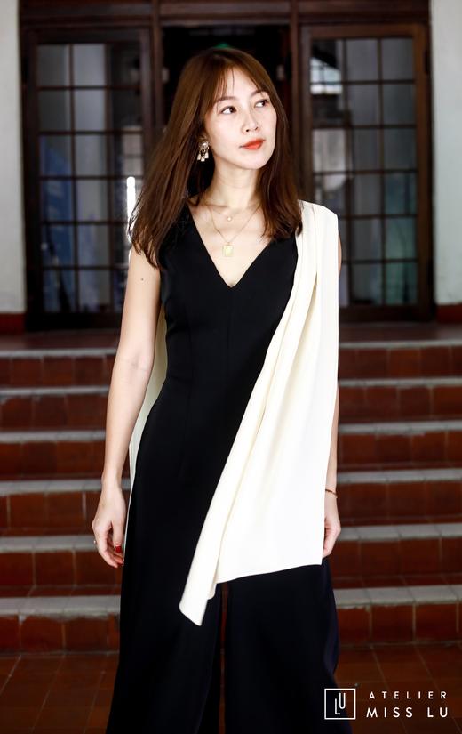 AtelierMissLu / Lena-黑白撞色飘带V领连体裤 商品图2