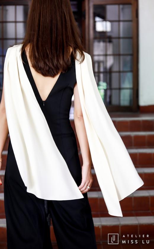 AtelierMissLu / Lena-黑白撞色飘带V领连体裤 商品图3