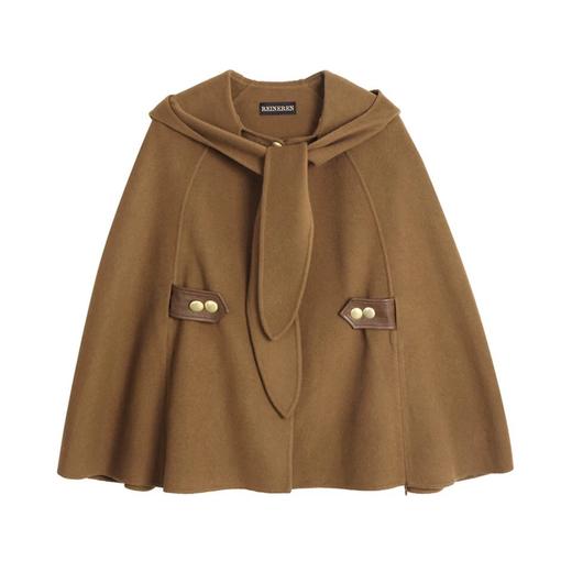 咖啡色连帽羊皮腰带短款披风 商品图4