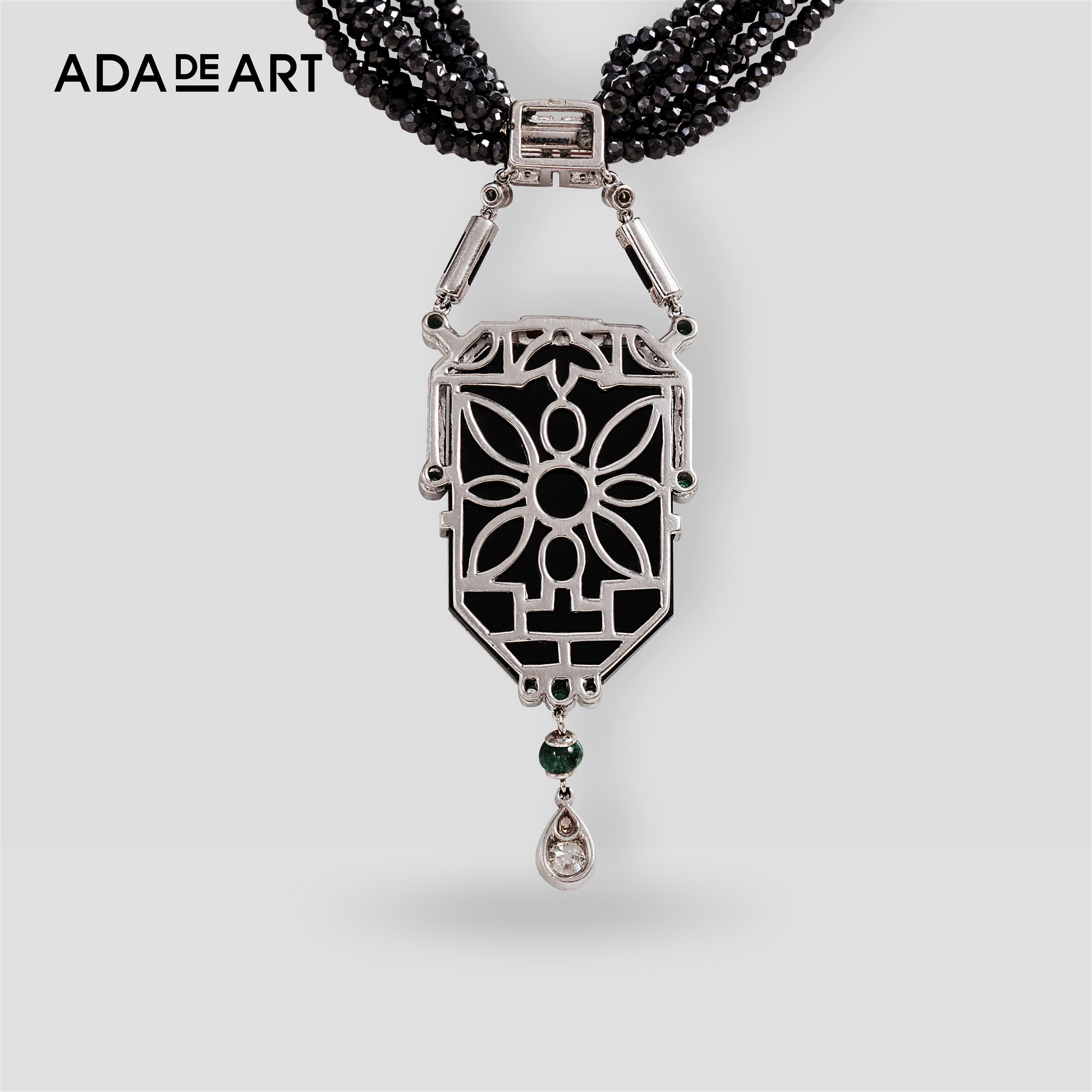 古董20世纪art deco风格中国纹样钻石黑玛瑙项链 tags: 祖母绿,珊瑚