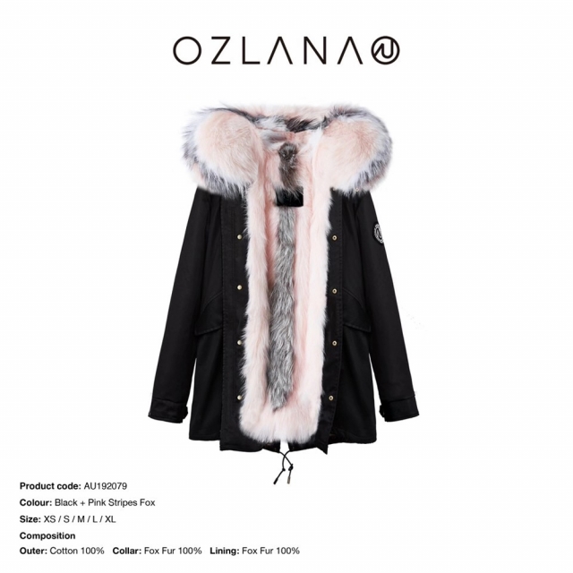 【授权商品】OZLANA粉色竖条纹狐狸毛派克大衣192079派克服2019冬款新款皮草外套女加厚可拆卸大毛领鹅绒羽绒袖 中长款女款(下单请备注尺码XS~XL码 下单后20天内发货)