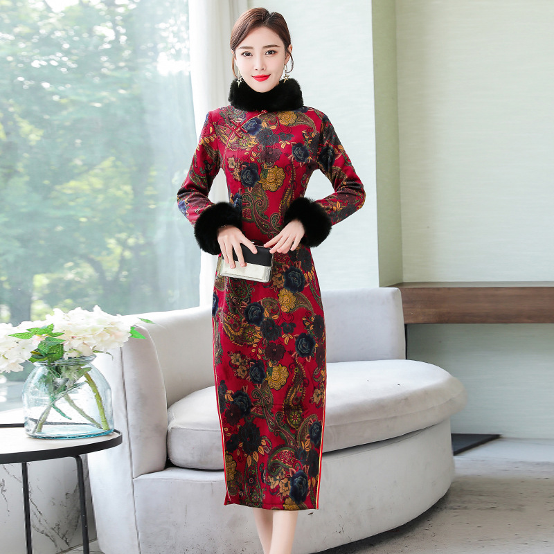 ht 5127旗袍裙冬季新款长袖加绒保暖麂皮绒加厚修身