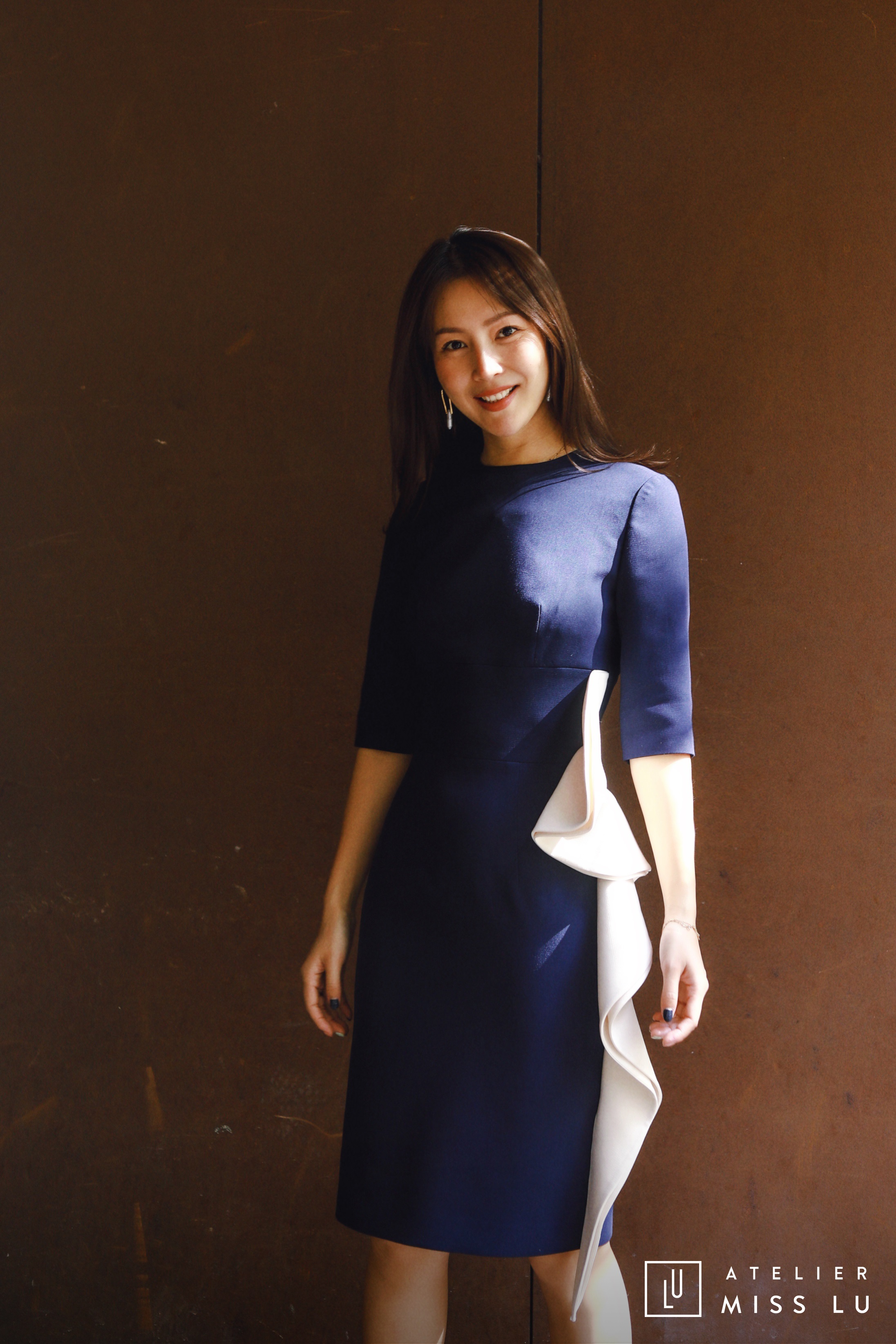 AtelierMissLu / Nora-藏青拼白腰侧褶皱装饰连身裙