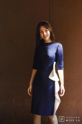 AtelierMissLu / Nora-藏青拼白腰侧褶皱装饰连身裙