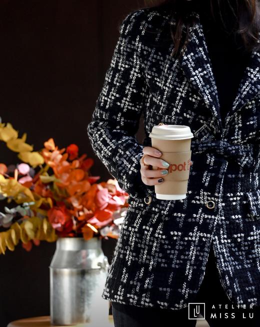 AtelierMissLu / Maisei-黑白粗呢格收腰翻领外套 商品图2