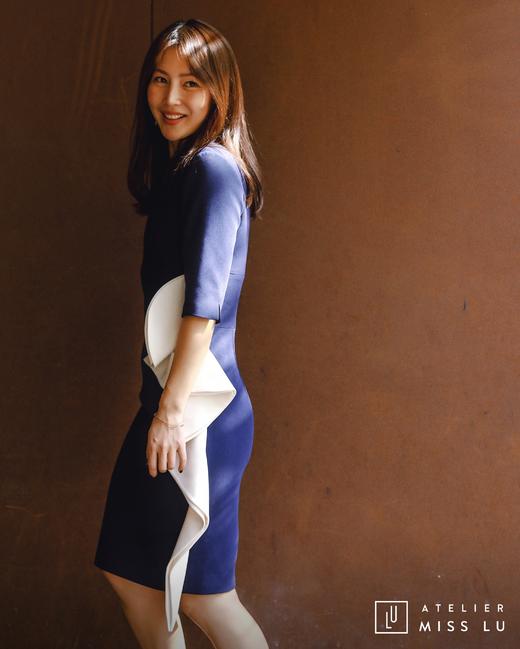 AtelierMissLu / Nora-藏青拼白腰侧褶皱装饰连身裙 商品图8