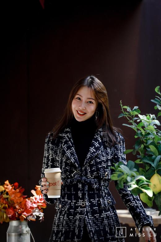 AtelierMissLu / Maisei-黑白粗呢格收腰翻领外套 商品图1