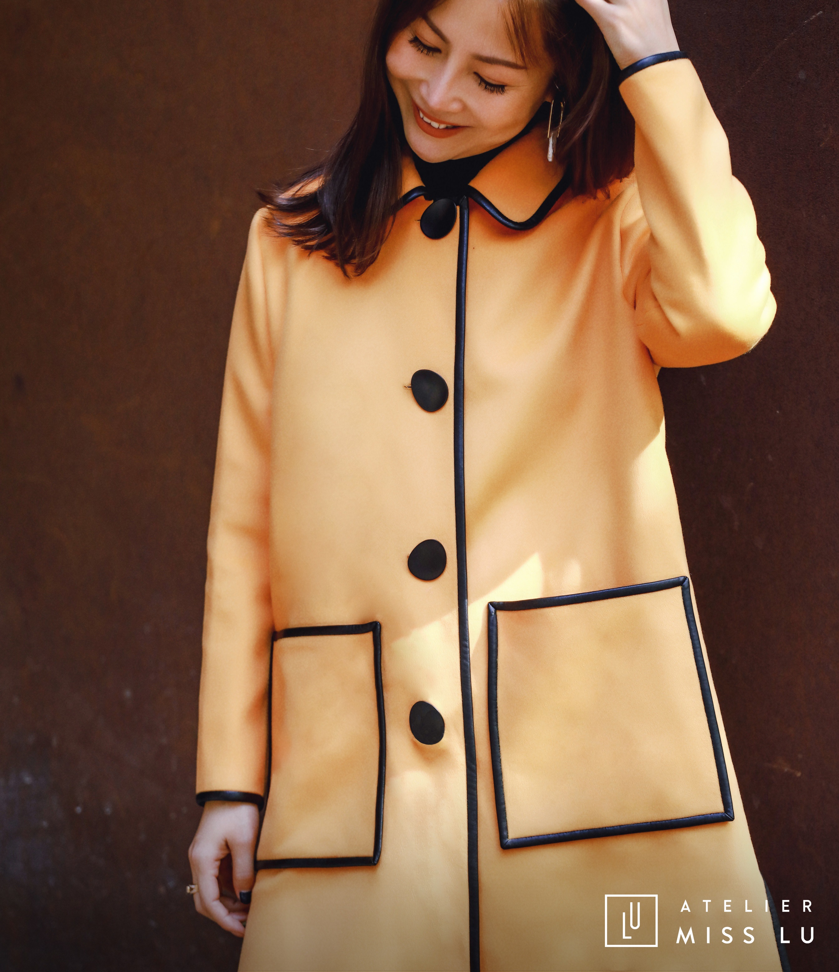AtelierMissLu / Nuria-奶蜜黄撞色口袋羊毛长外套