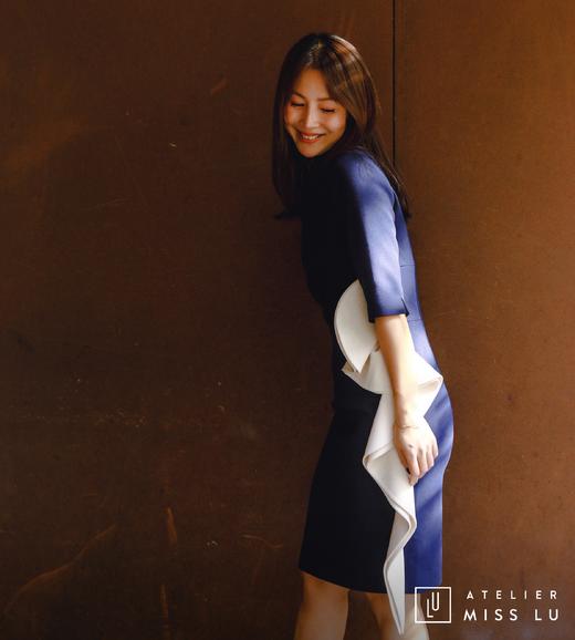 AtelierMissLu / Nora-藏青拼白腰侧褶皱装饰连身裙 商品图5